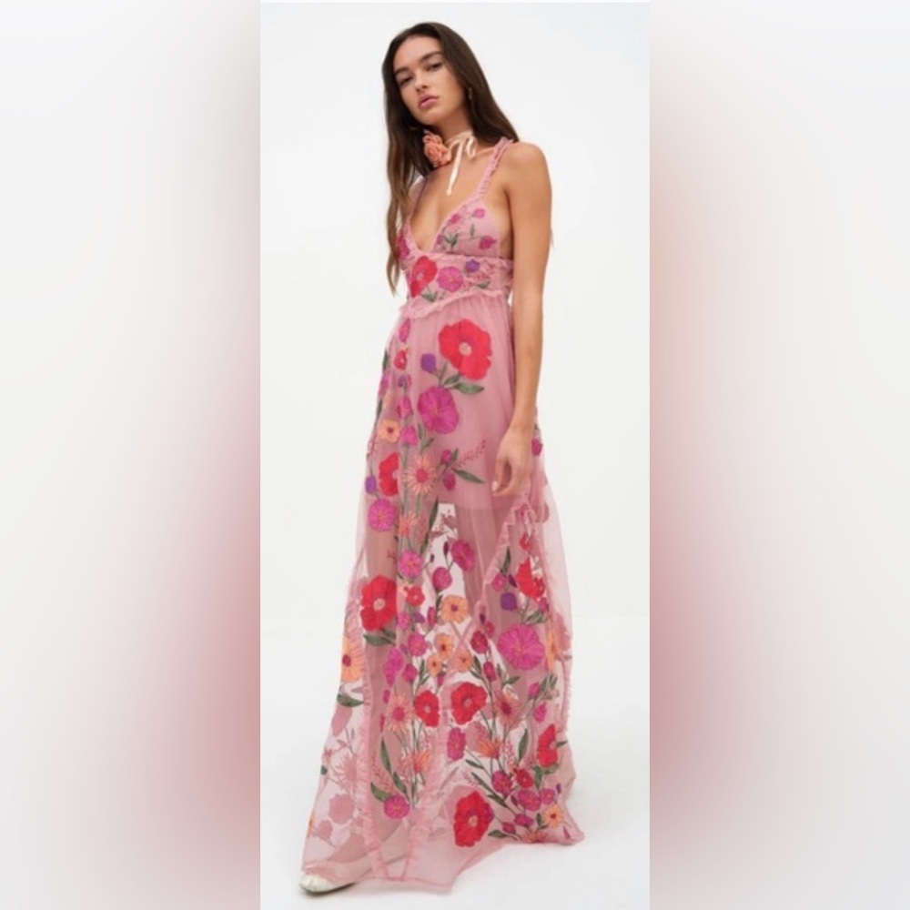 For Love & Lemons Pink Floral Embroidered Maxi Dress